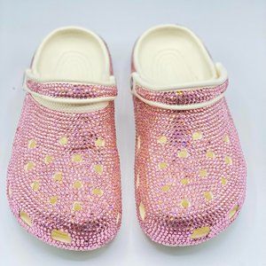 Bling PINK Rhinestones Studded Customized in White Clogs Adults